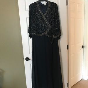 JKara Faux-Wrap Mock Two-Piece Beaded Gown - Navy, Size 16